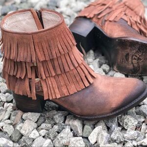 Freebird by Steven Distressed Whiskey Brown Suede Leather Fringe Buckle Booties